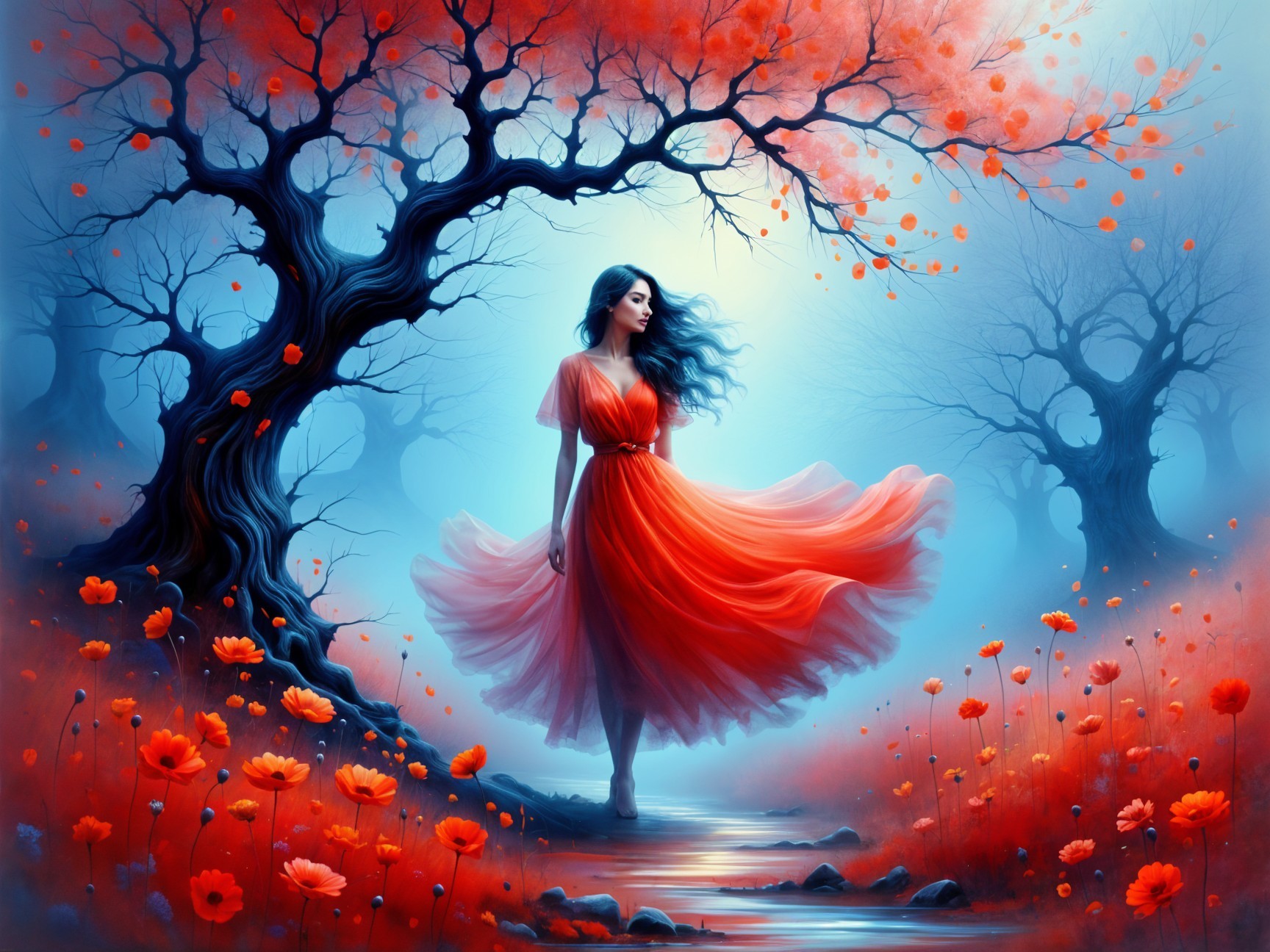 Surreal Landscape with Woman in Red Dress and Flowers