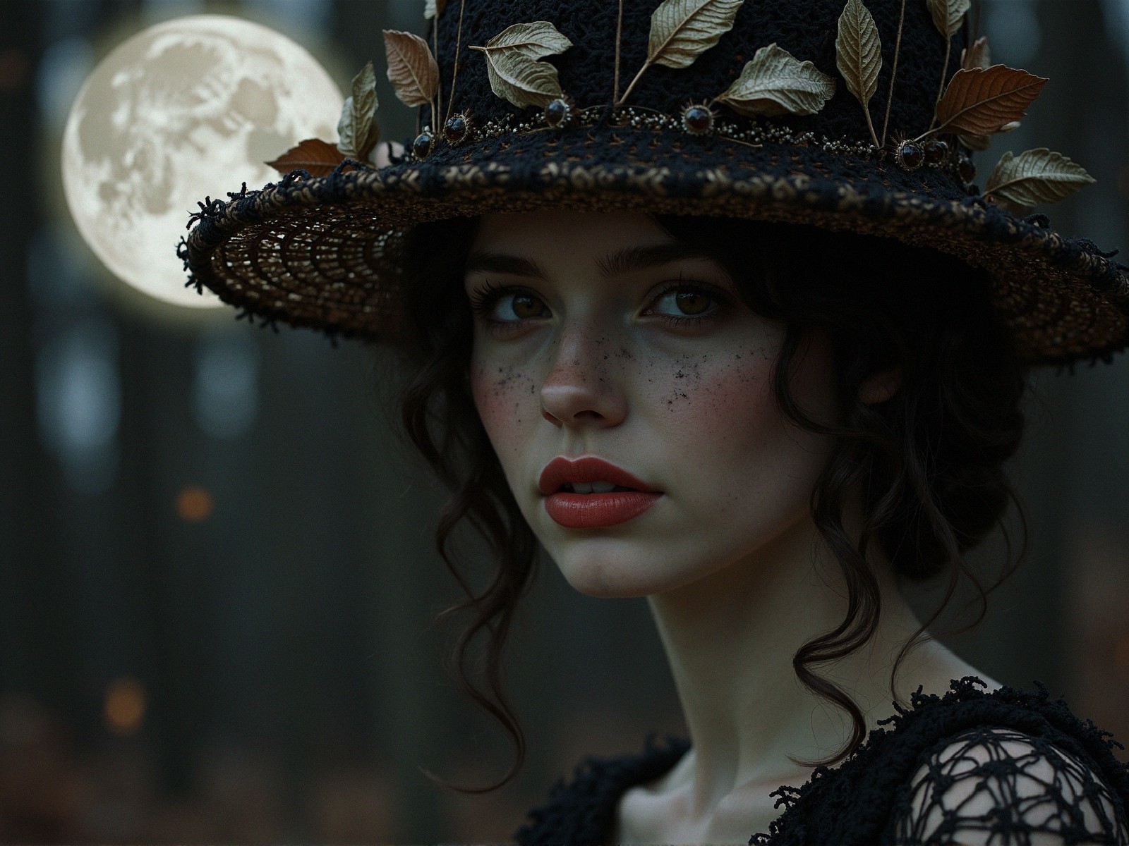Young woman in mystical forest with glowing moon
