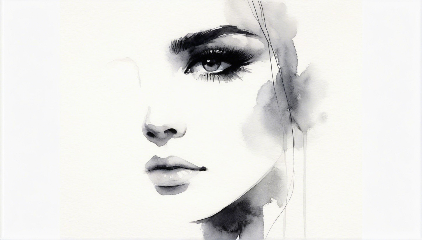 Watercolor Painting of Woman in Black-and-White Style
