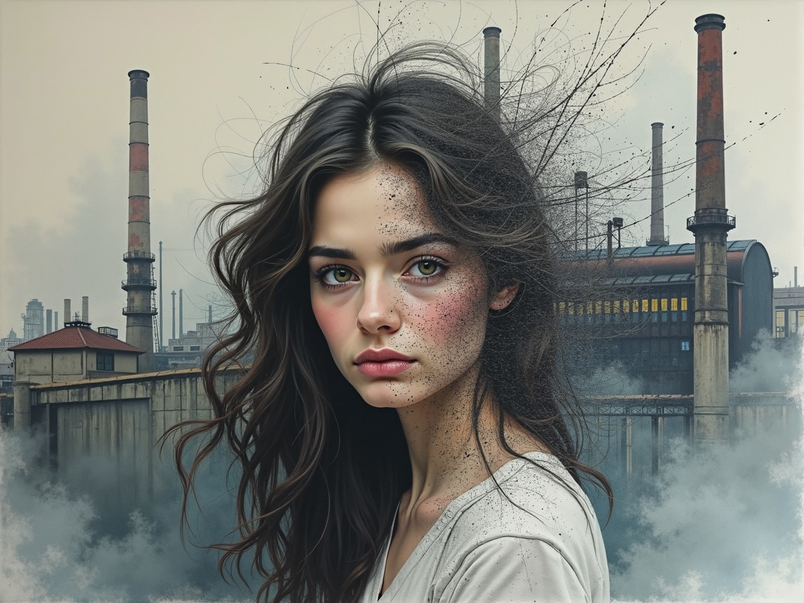 Young Woman in Foggy Industrial Setting with Smokestacks