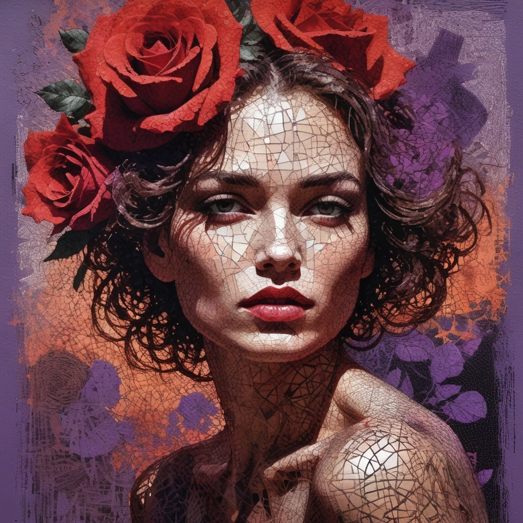 Woman with Intense Features Surrounded by Roses