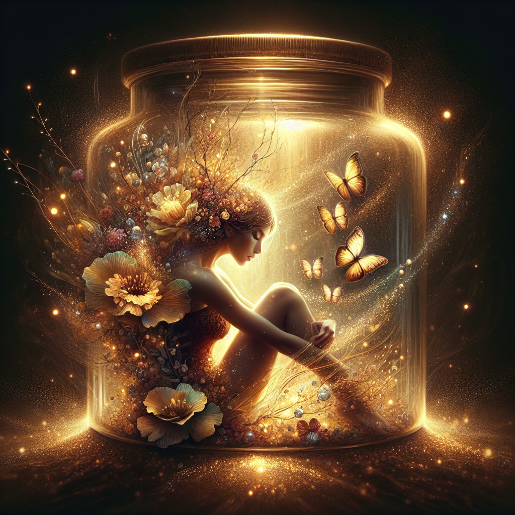 Ethereal Scene of Figure in Glowing Jar with Flowers