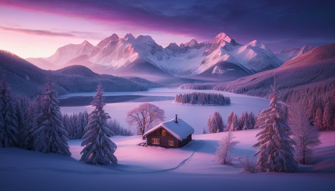 Serene Winter Landscape with Cozy Cabin and Mountains