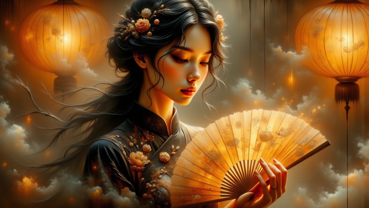 Serene Young Woman in Embroidered Gown with Lanterns