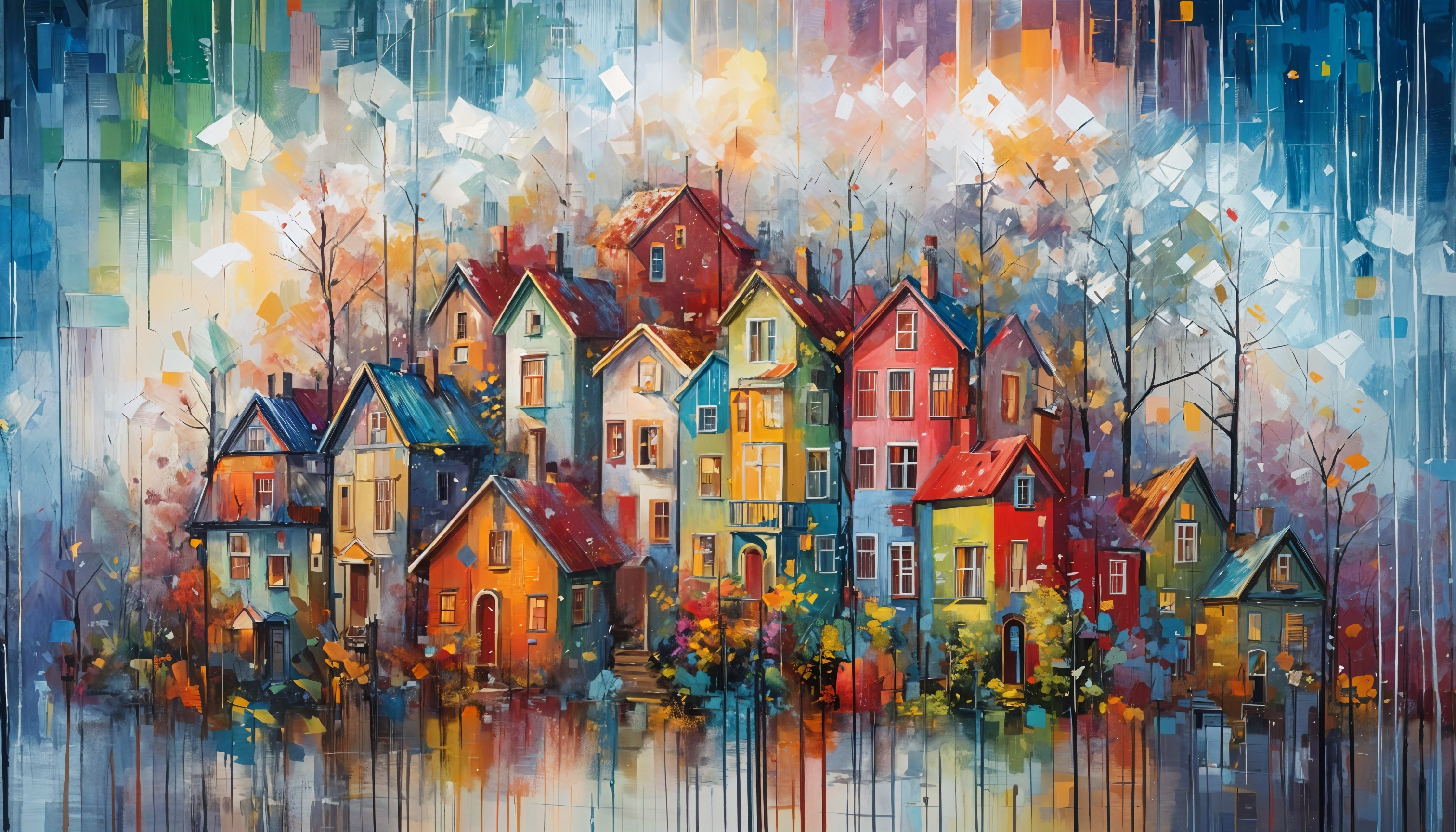 Abstract Colorful Houses Surrounded by Autumn Trees