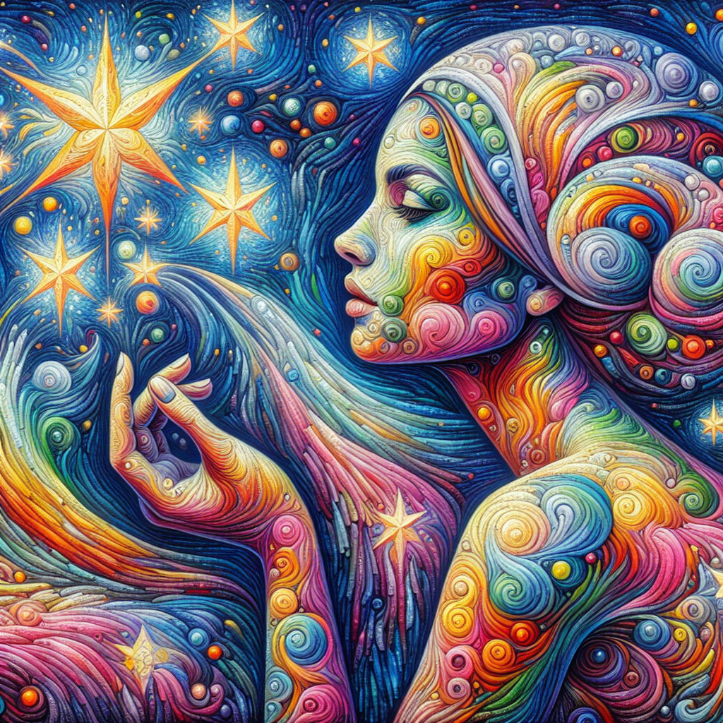 Vibrant Cosmic Artwork of a Woman Surrounded by Stars