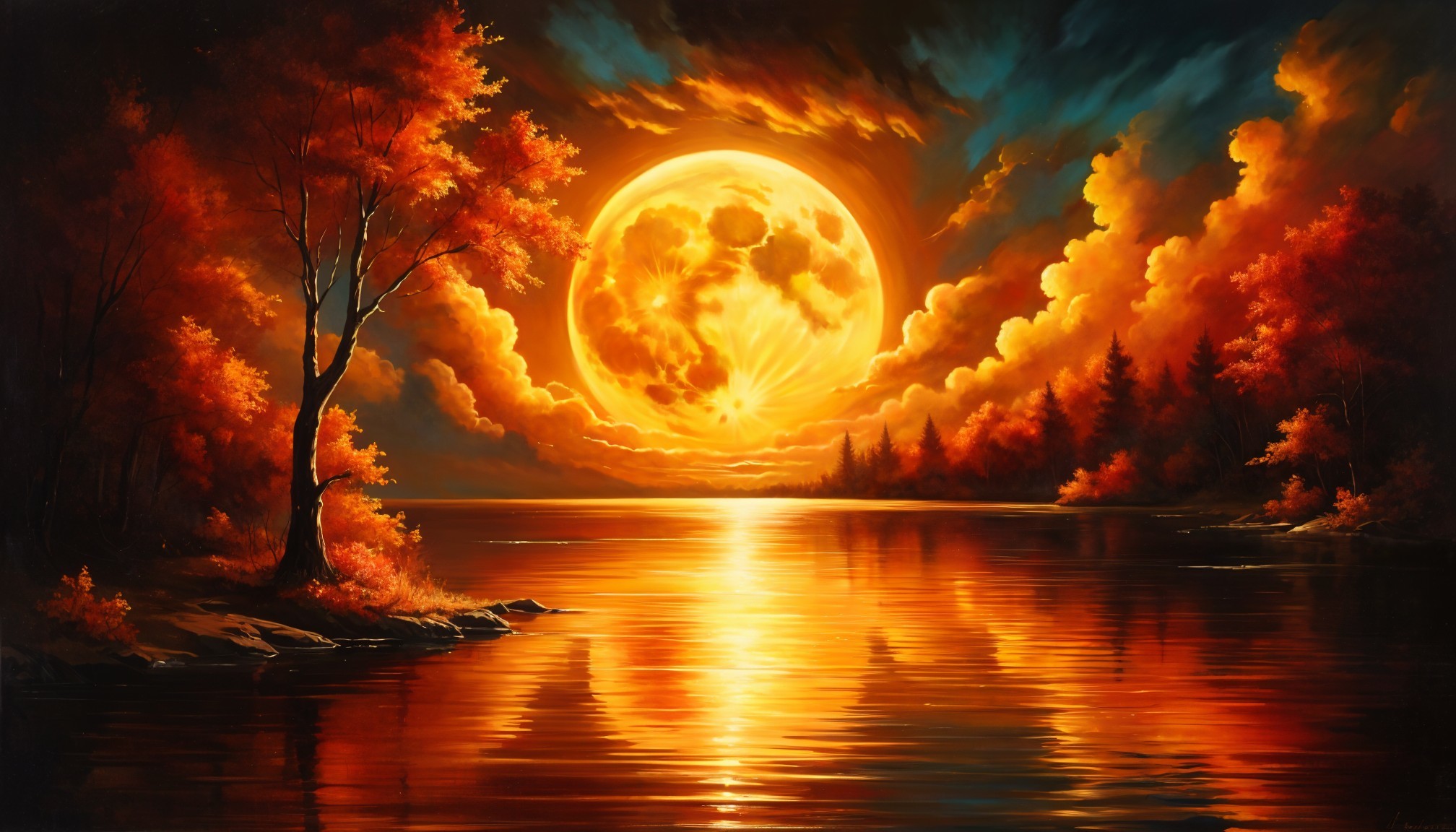 Vibrant Sunset Over Serene Lake with Silhouetted Trees