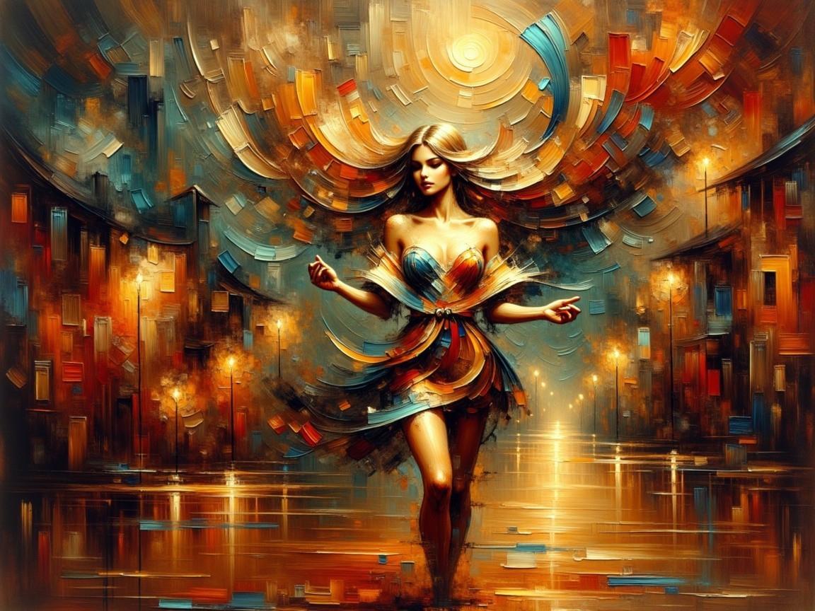 Abstract Artwork of Woman in Flowing Dress and Cityscape