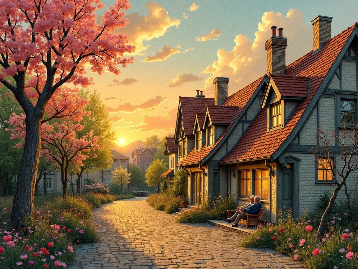 Serene Sunset Over Cozy Neighborhood with Blossoms