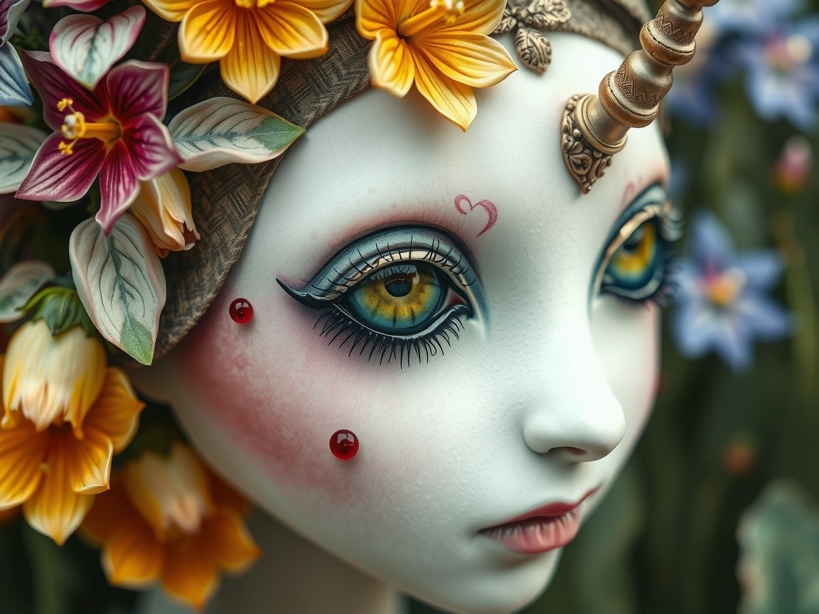 Ethereal Doll with Floral Accents and Unicorn Horn