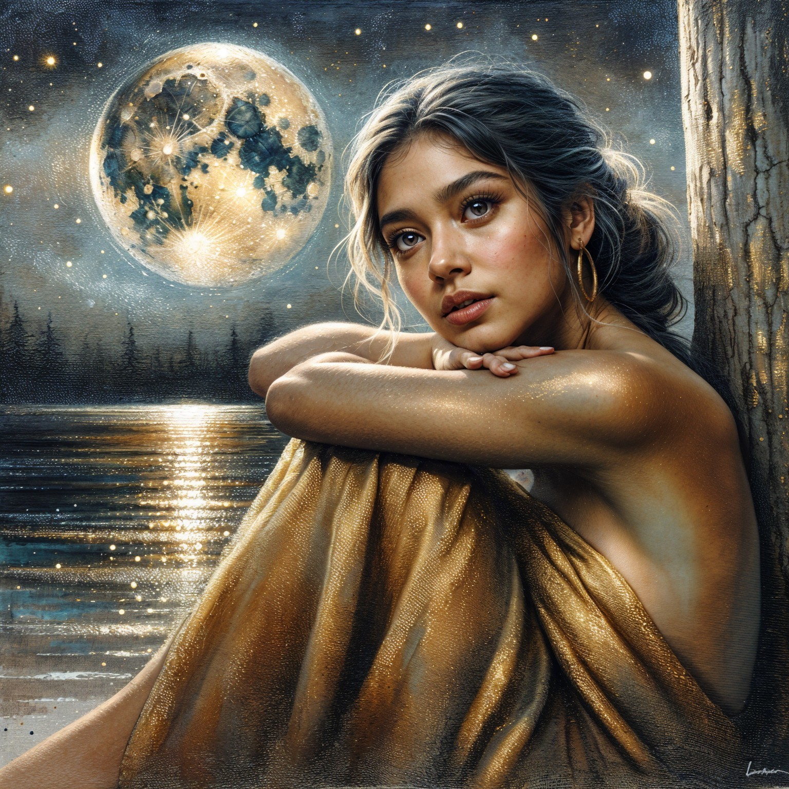 Portrait of a Young Woman by a Moonlit Lake