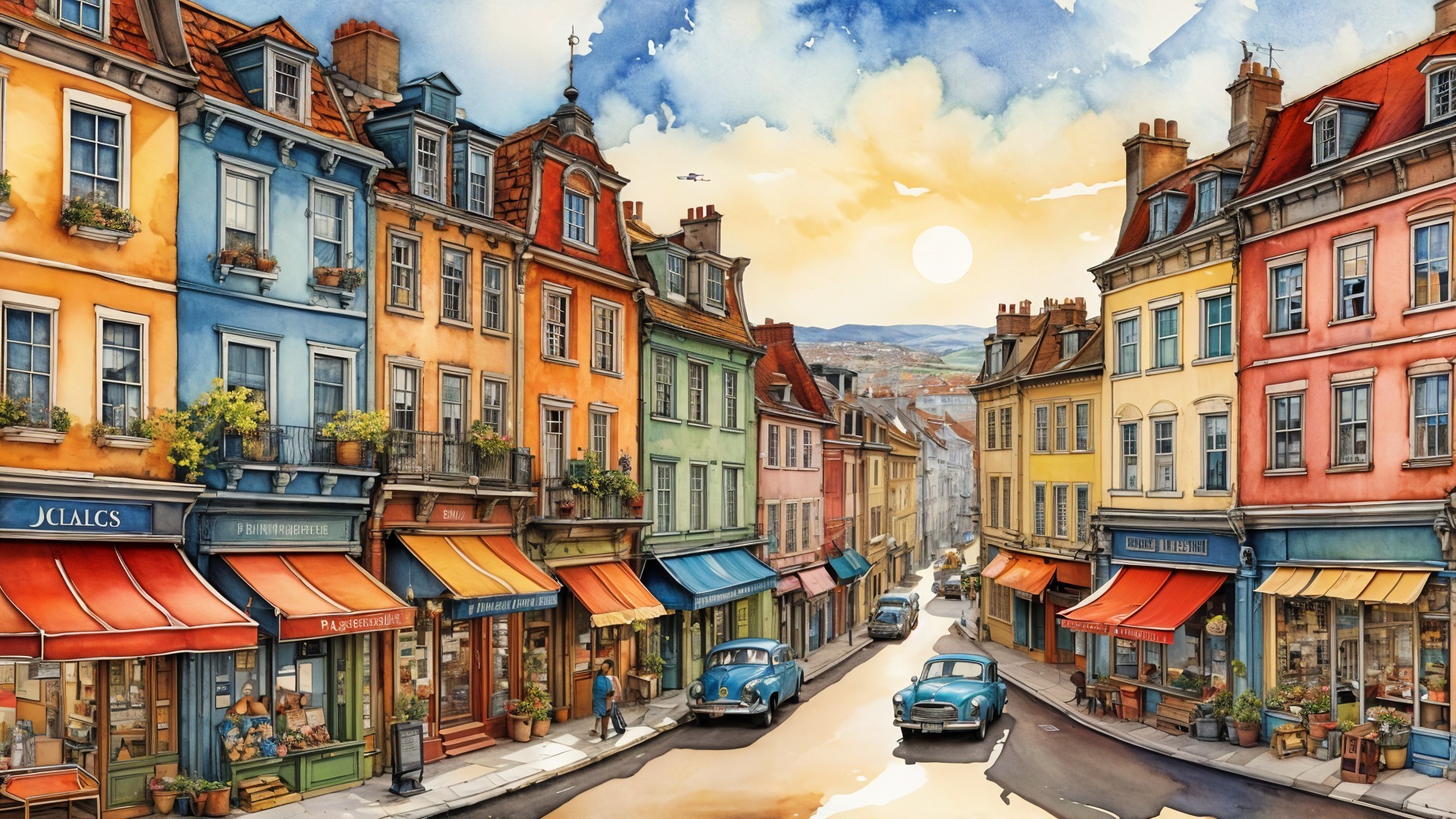 Charming Street Scene with Colorful Buildings and Cobblestones