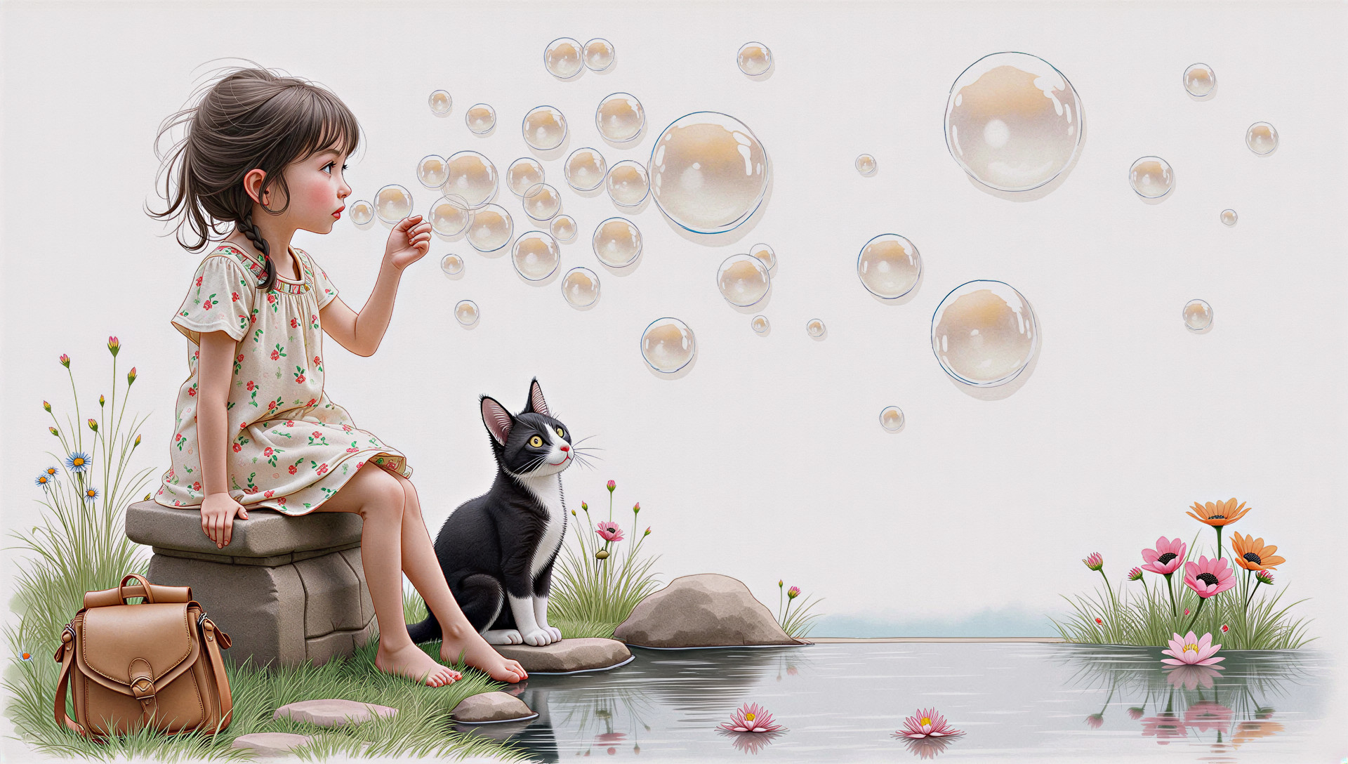 Young girl blowing bubbles by a serene pond with cat