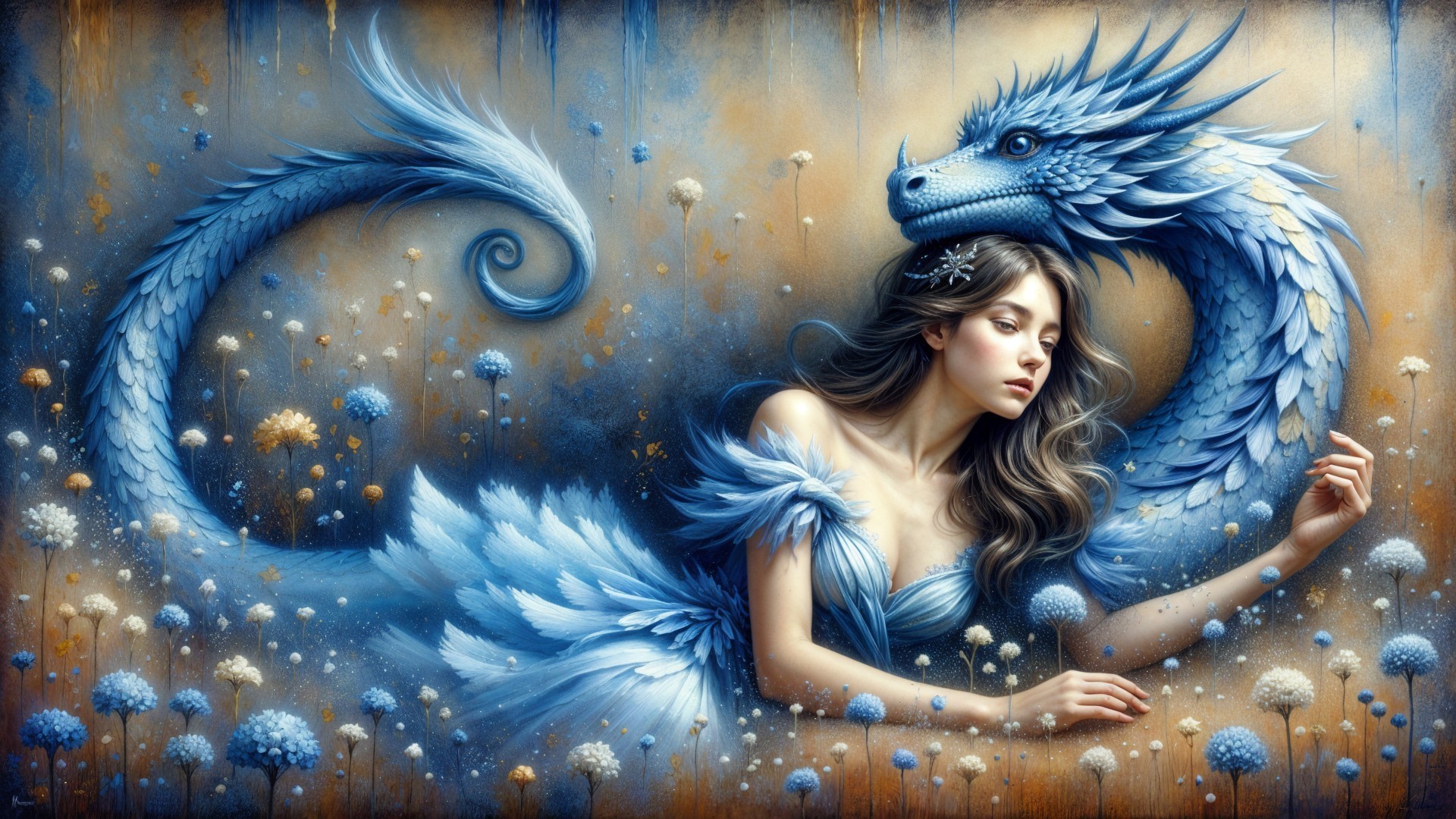 Serene Woman in Blue Gown with Majestic Dragon
