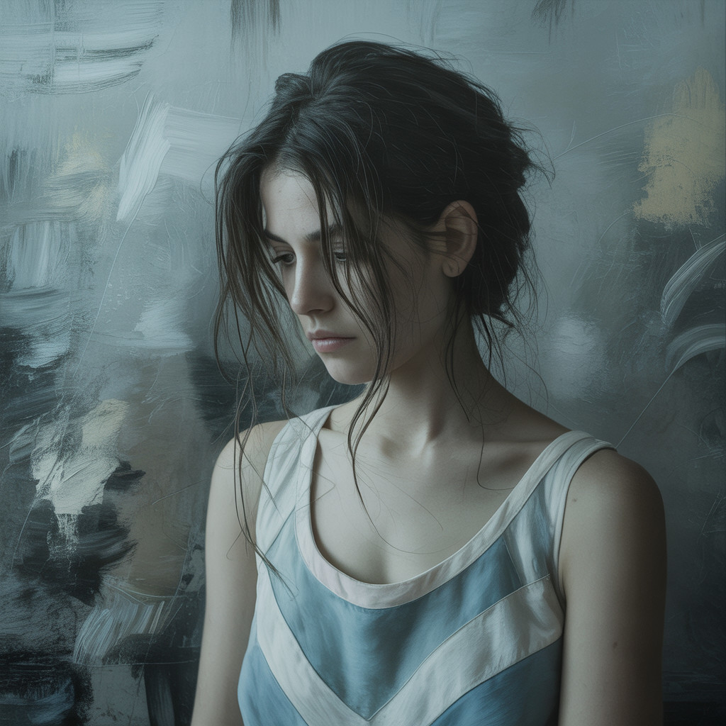 Young woman in soft dress before abstract backdrop