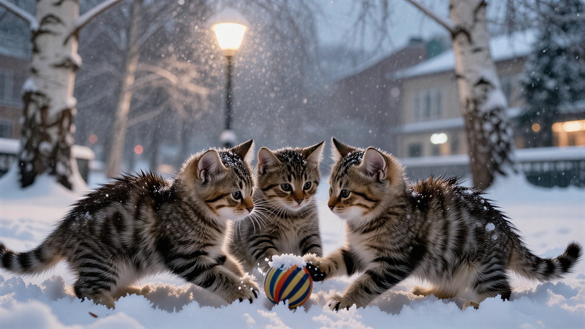 Fluffy Tabby Kittens Playing in the Snow with Ball