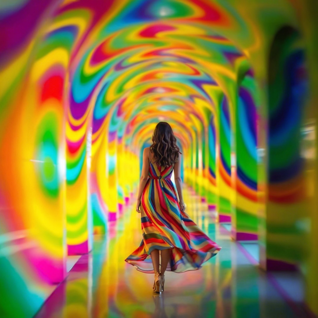 Woman in Colorful Dress Walking Through Psychedelic Tunnel
