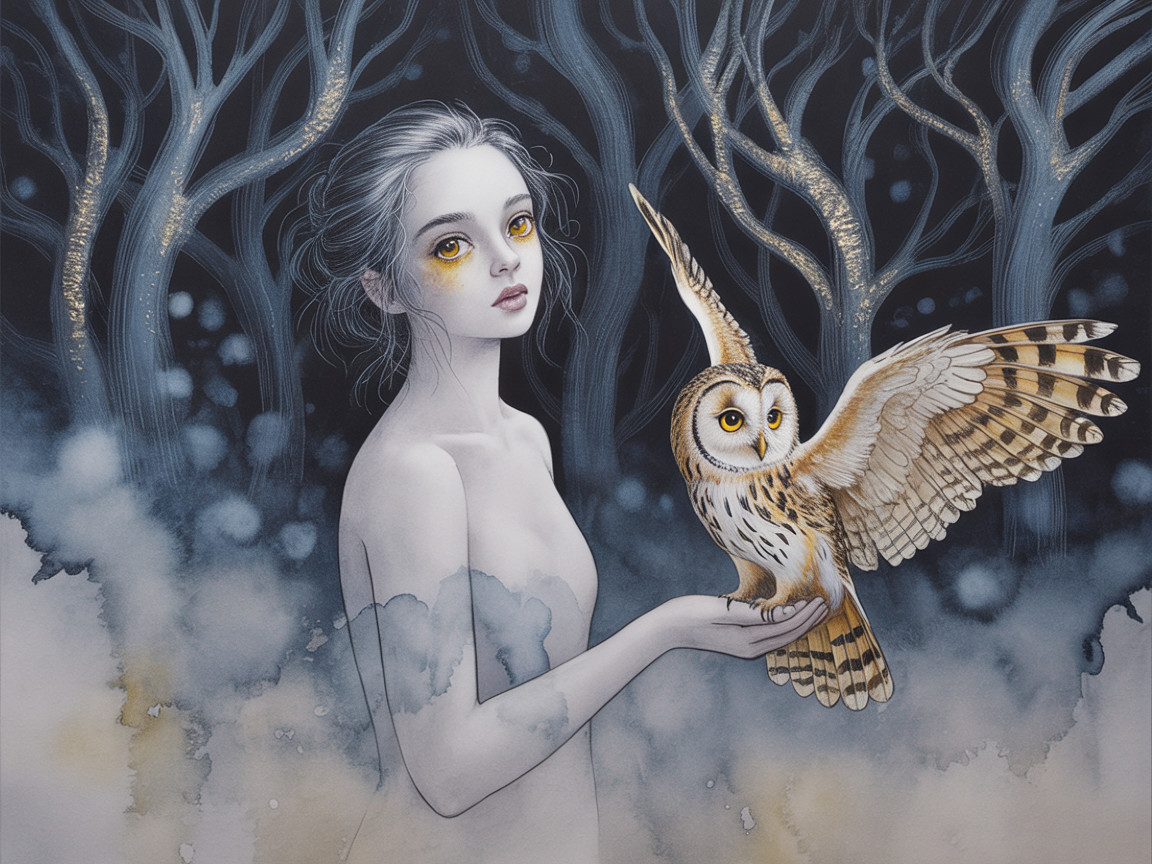 Ethereal Girl with Owl in Dark Misty Forest Scene