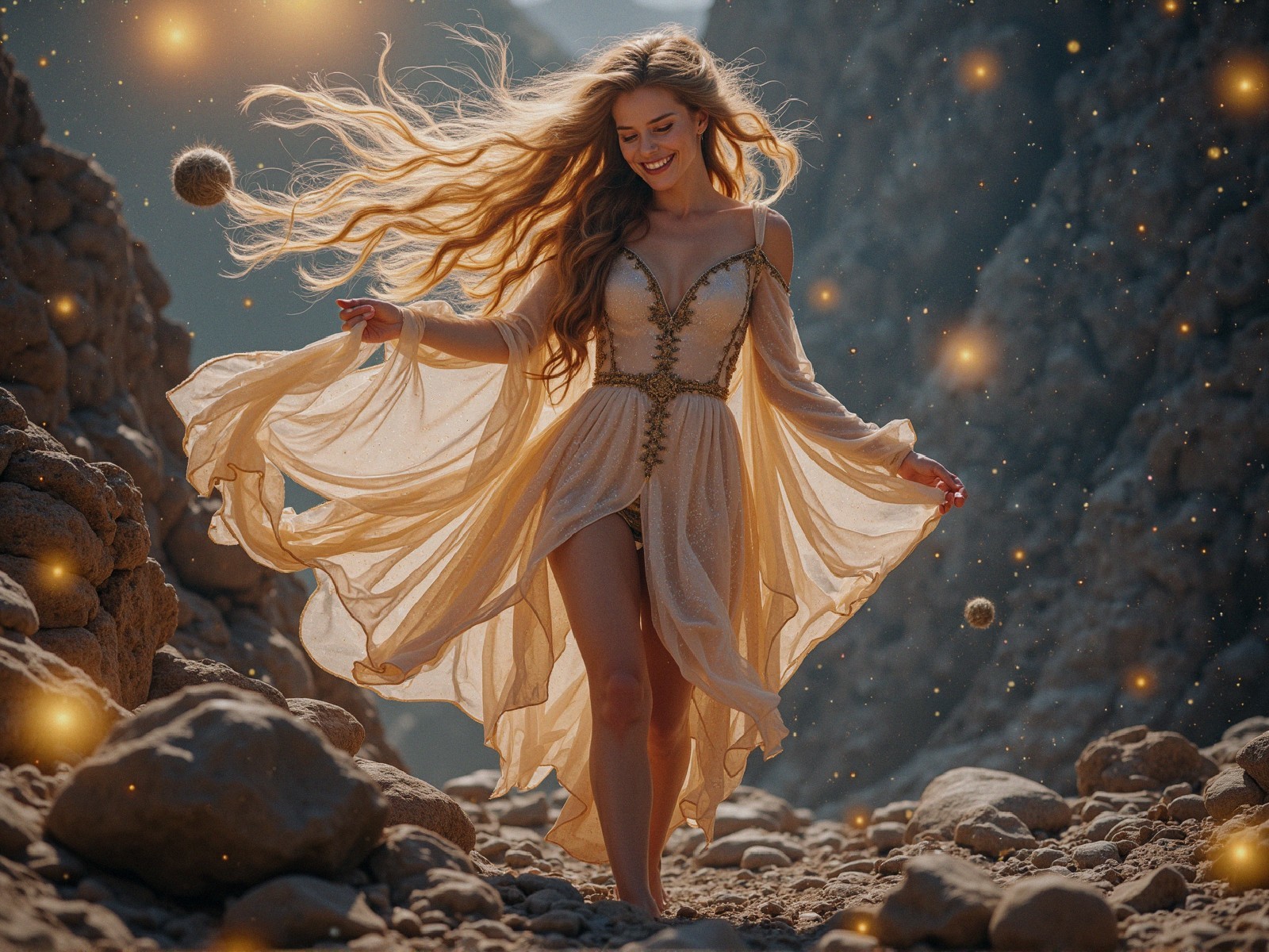 Young woman in flowing dress twirling on rocky path