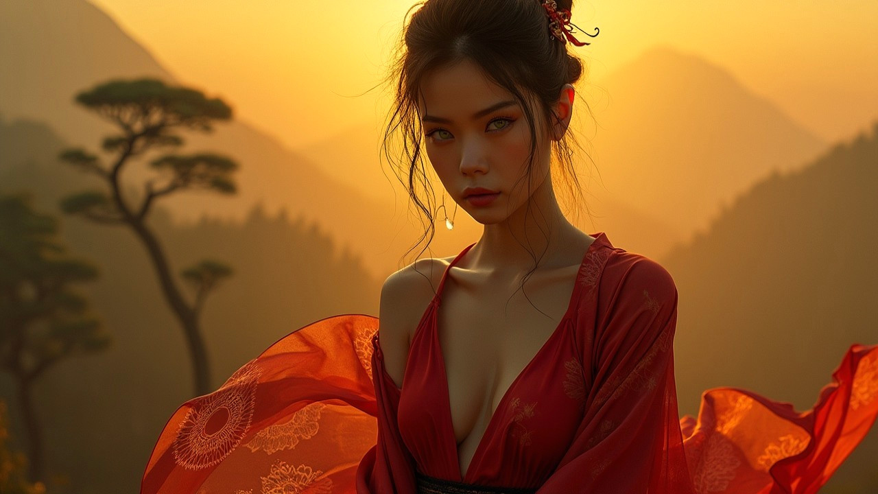 Young Woman in Red Garment at Sunset with Mountains
