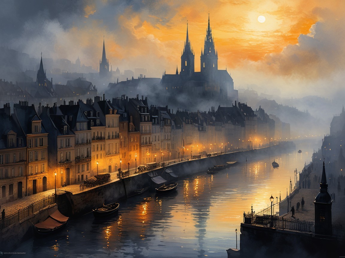 Serene Cityscape at Dawn with Historic Buildings