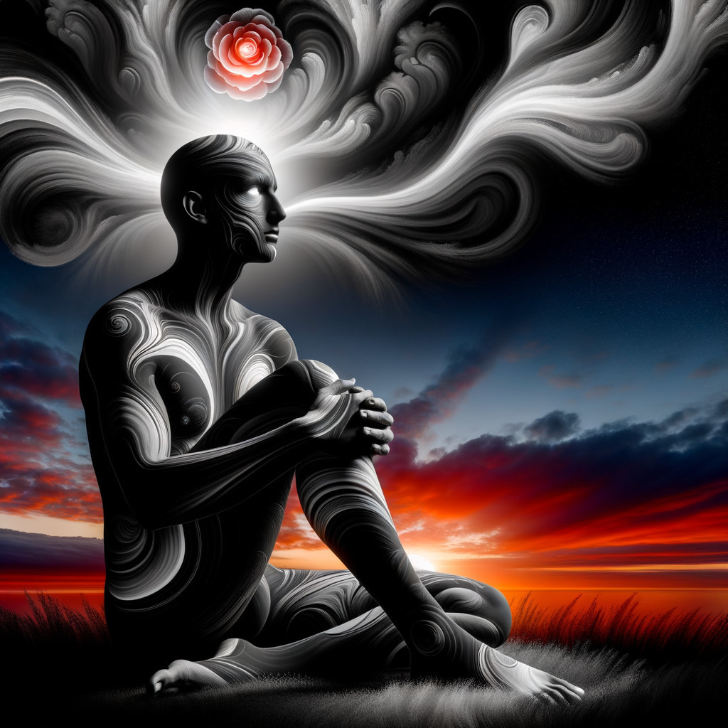 Contemplative Figure with Ethereal Rose and Sunset