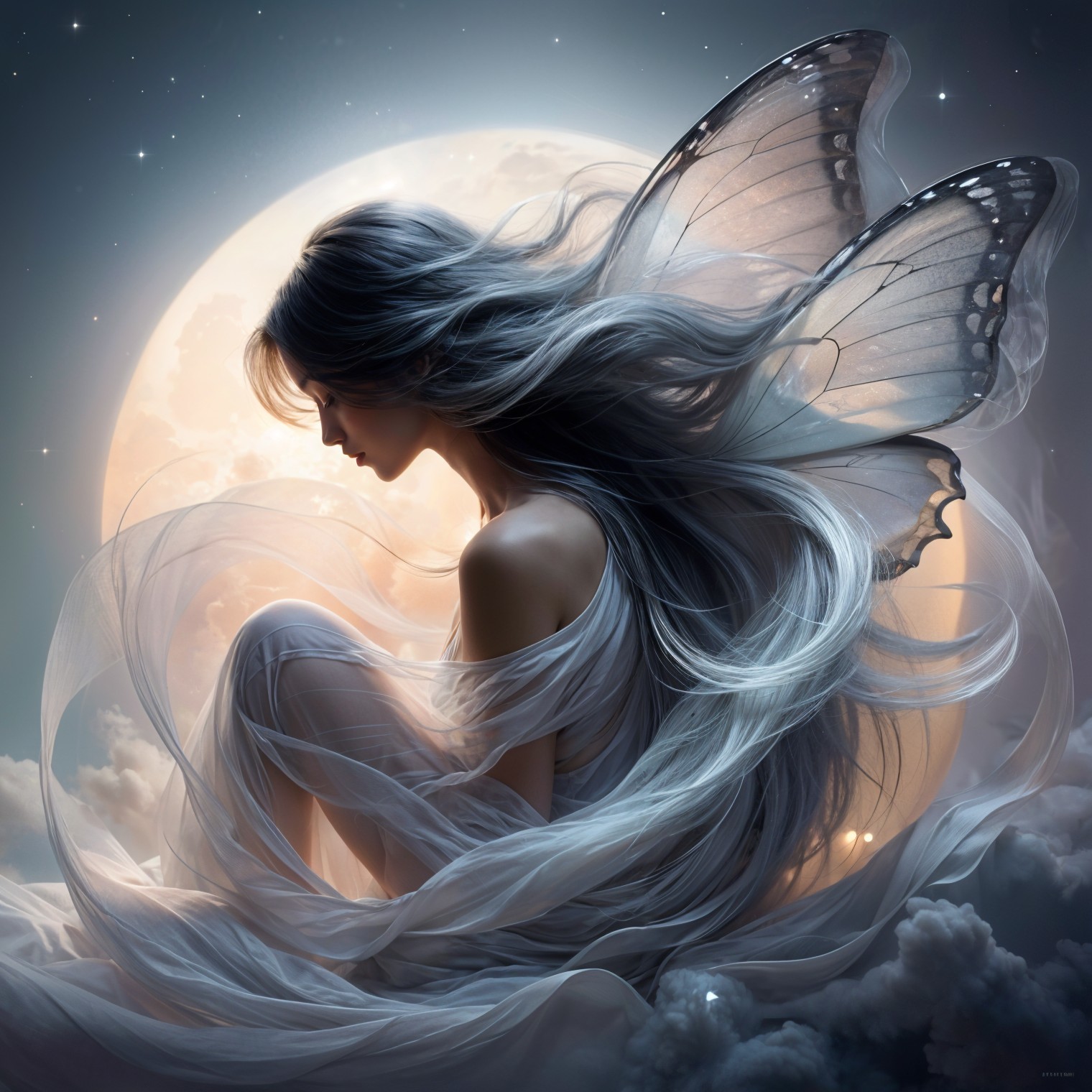 Serene Figure with Silver Hair and Butterfly Wings