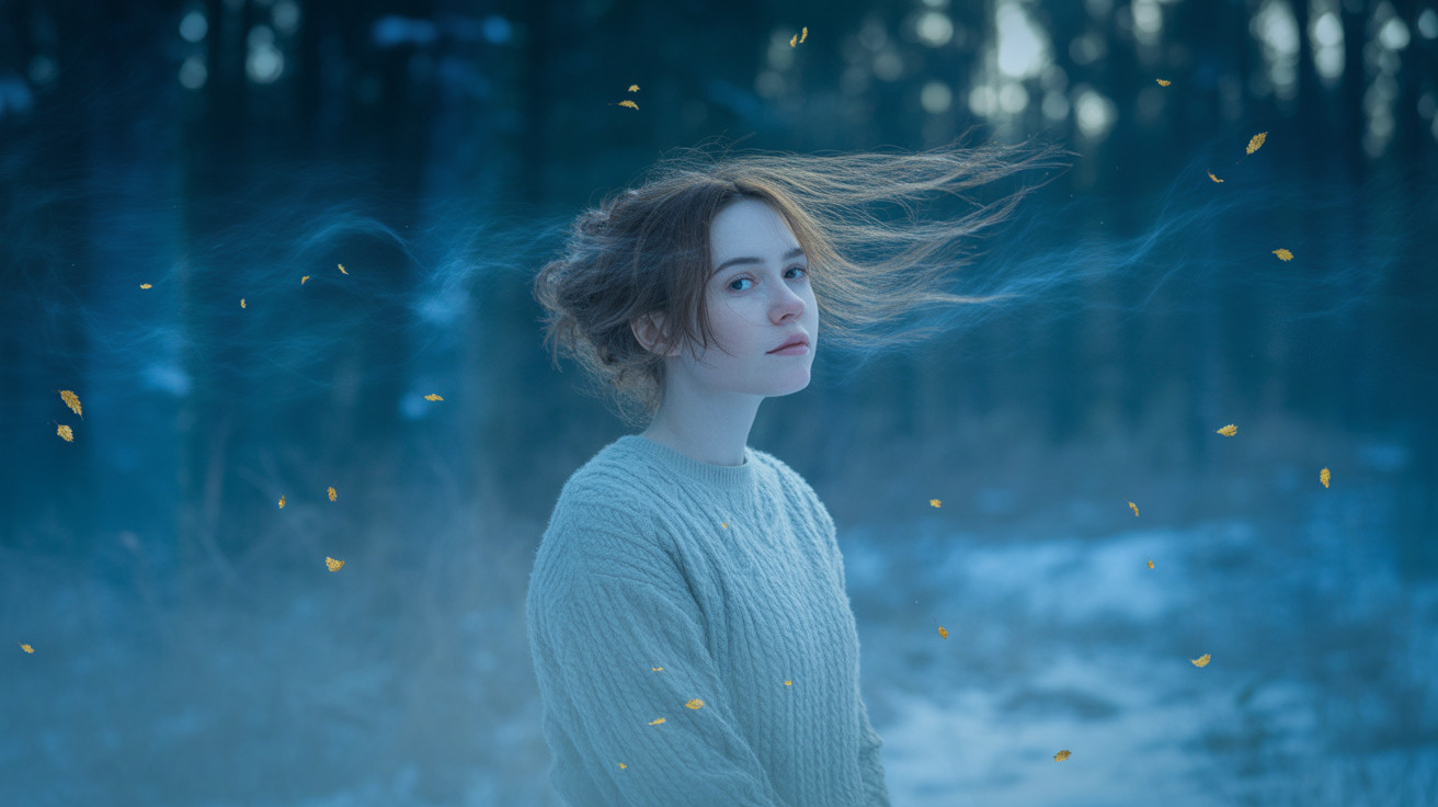 Young Woman in Cozy Sweater in Wintry Landscape