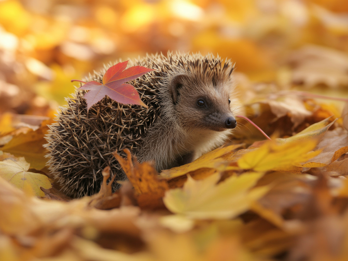 Hedgehog Among Colorful Autumn Leaves and Maple Leaf