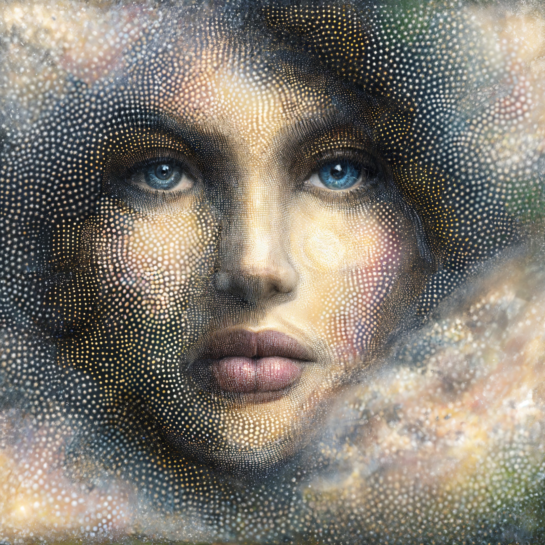 Portrait of a Woman with Blue Eyes and Textured Face