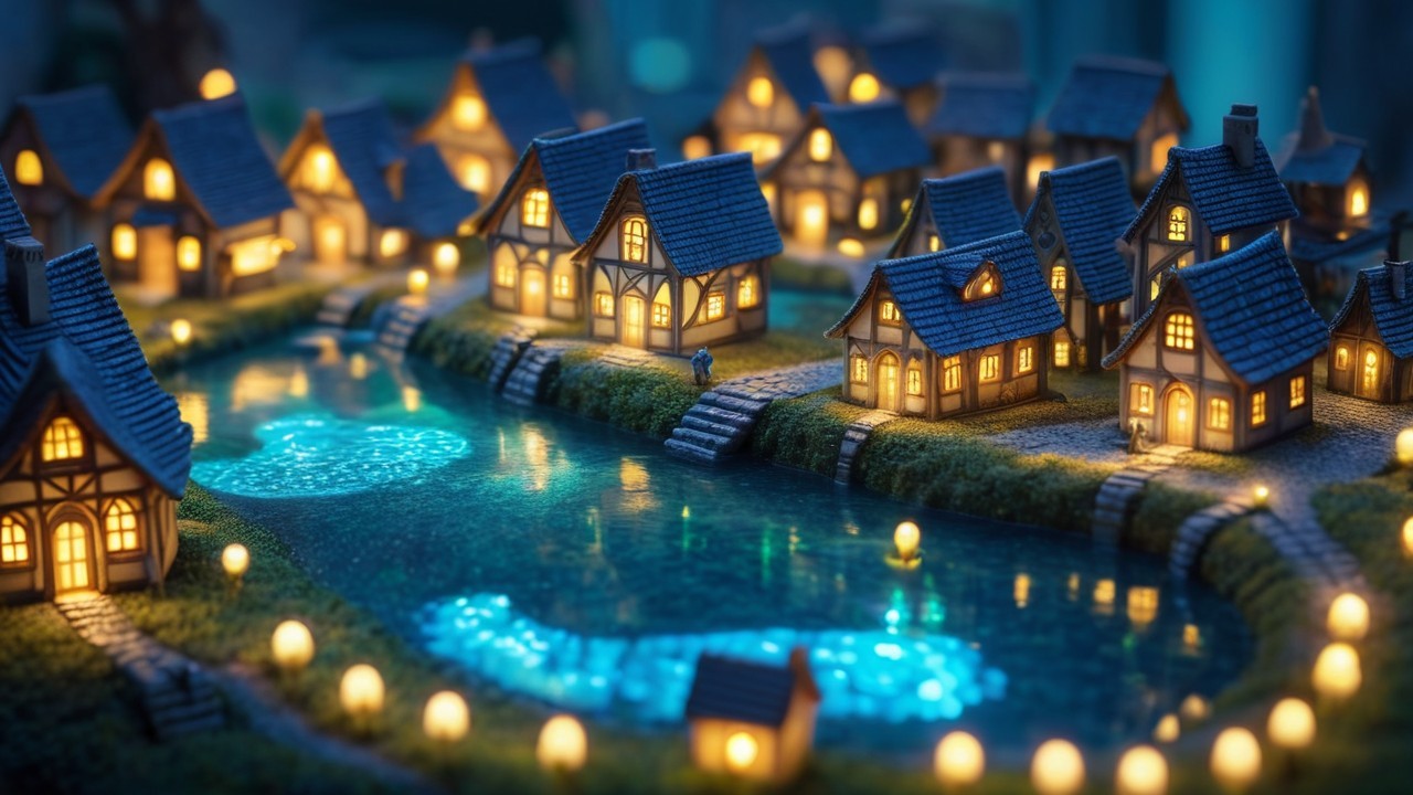 Miniature Village with Illuminated Houses and Pond