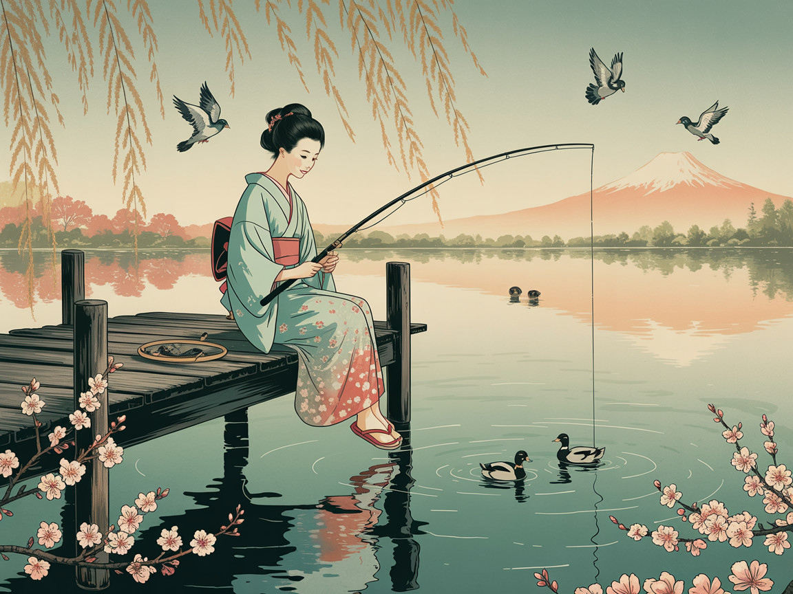 Woman in Traditional Attire Fishing by Tranquil Lake