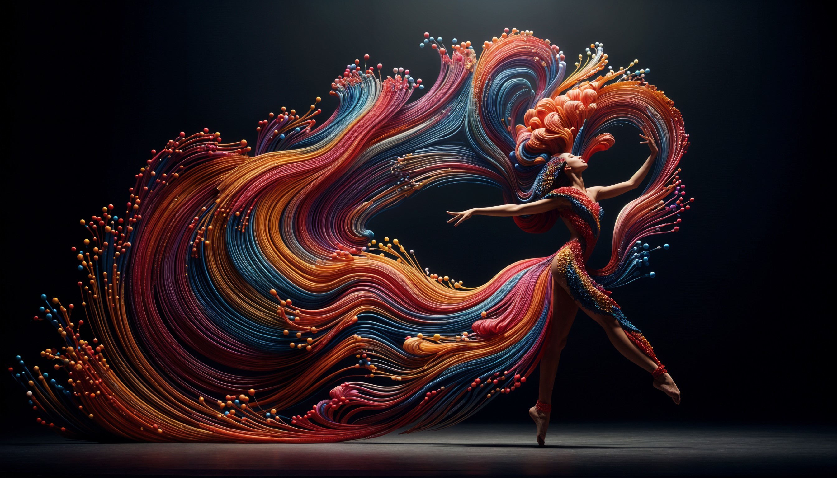 Dancer in Elegant Pose with Colorful Hair and Dark Backdrop