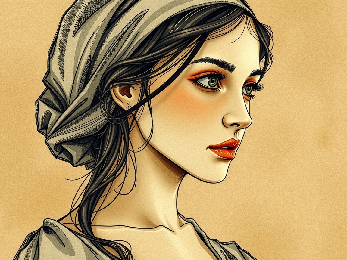 Stylized portrait of a woman with green eyes and orange makeup