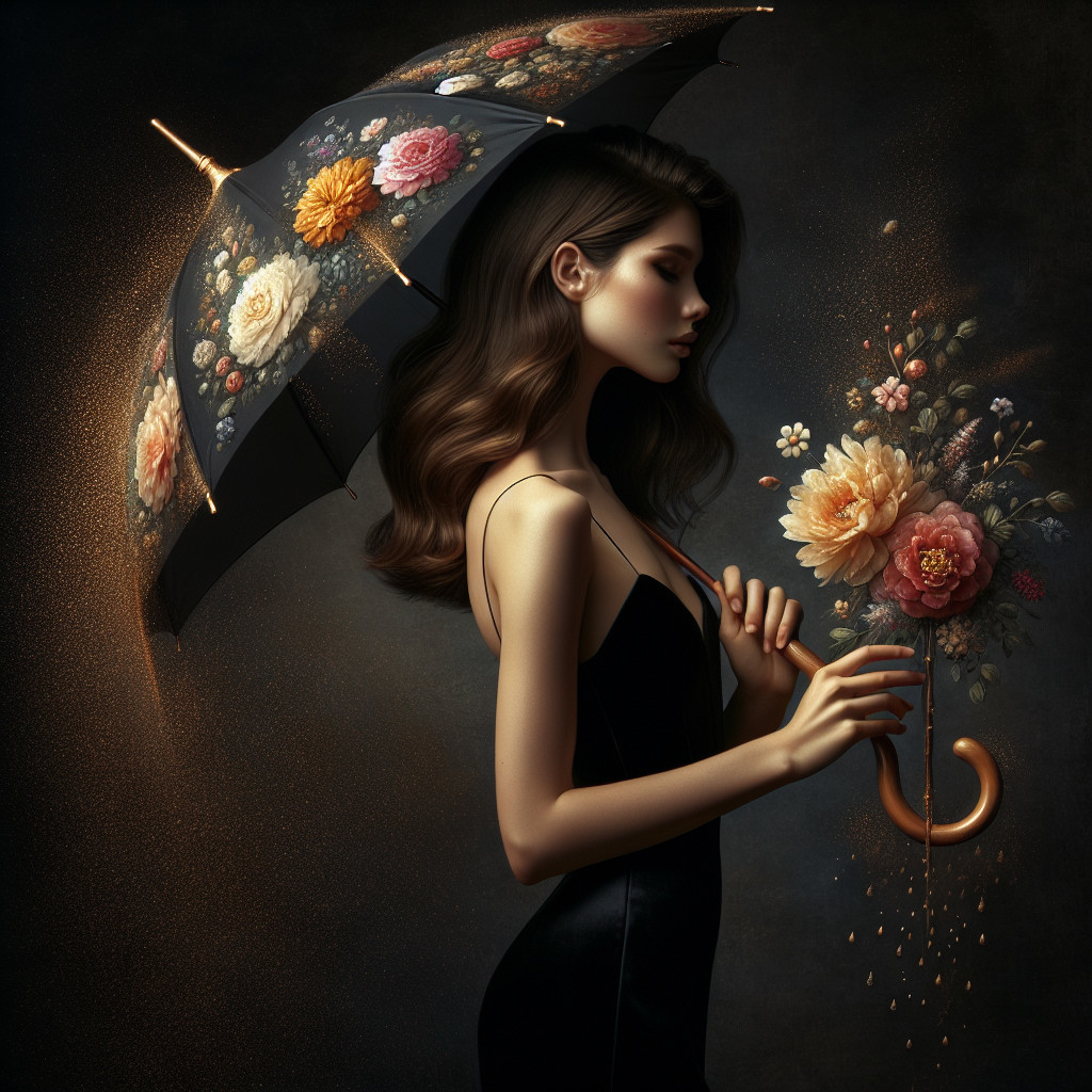 Elegant Woman with Floral Umbrella and Bouquet