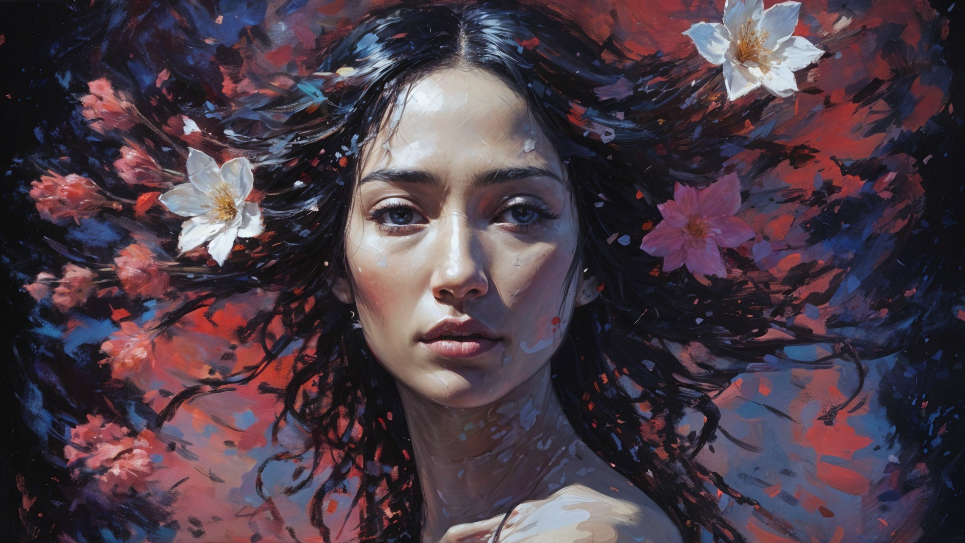 Portrait of a Young Woman with Flowers and Abstract Background