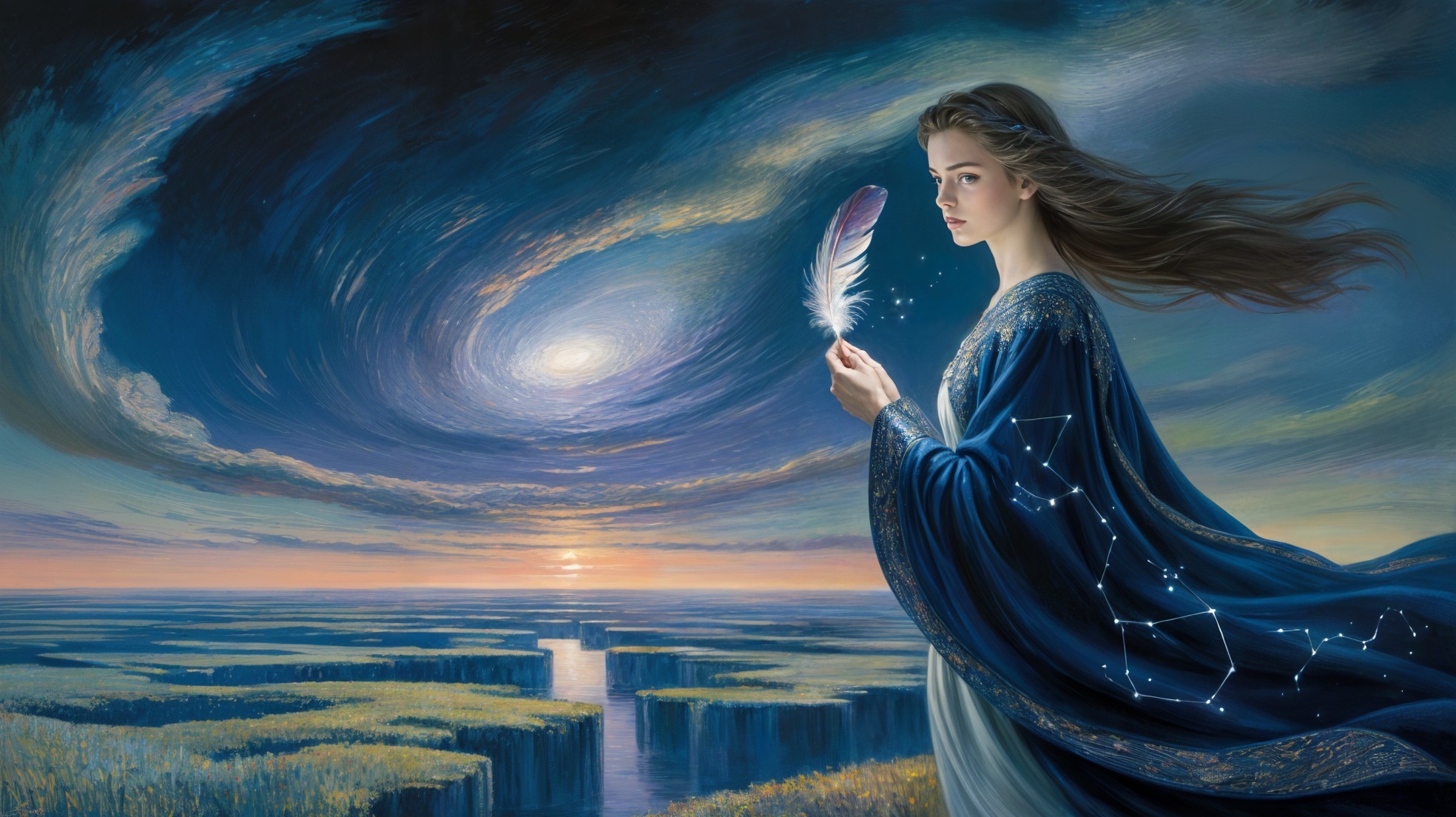 Mystical Scene of Woman in Blue Robe with Feather
