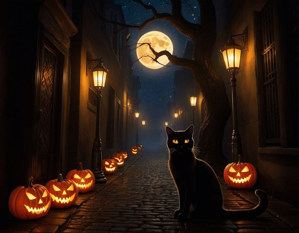 Haunted Alleyway with Glowing Lamps and Jack-o'-Lanterns