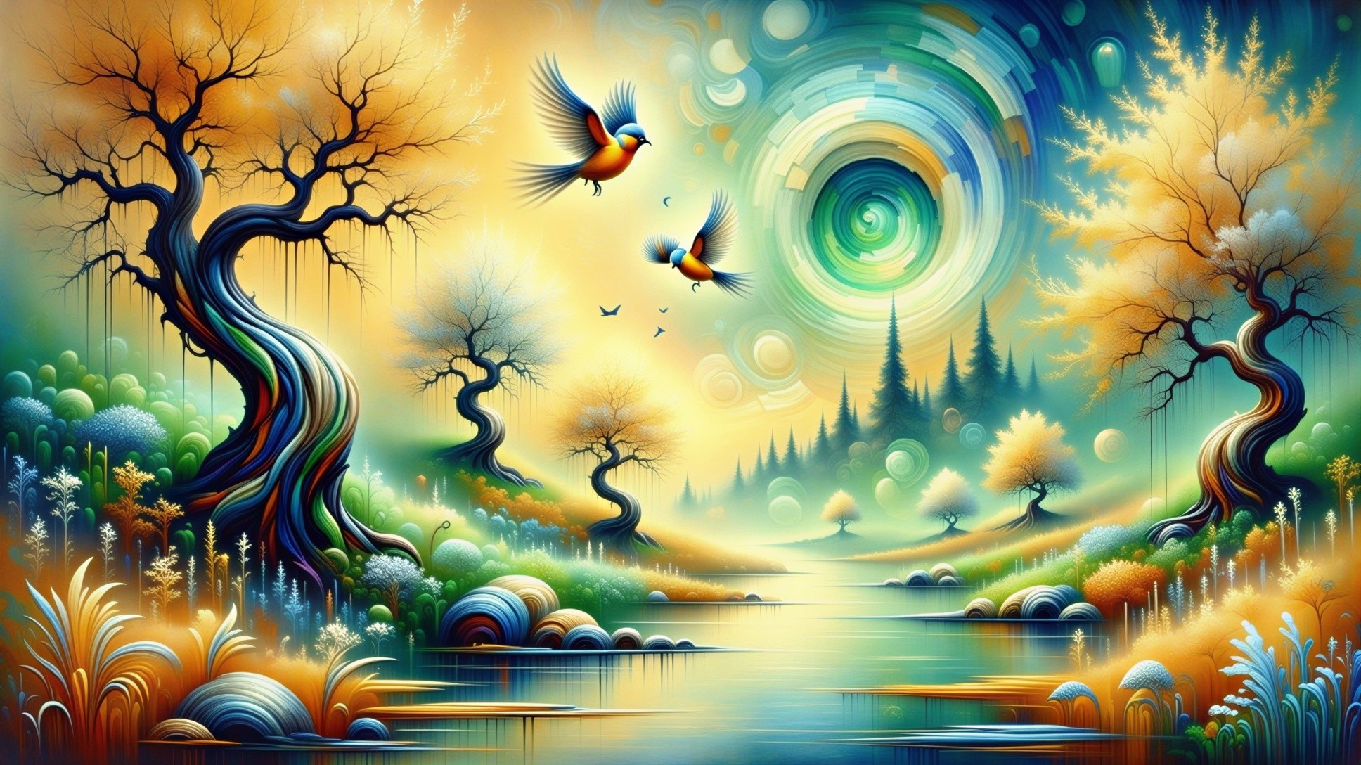 Vibrant Abstract Landscape with Trees and River