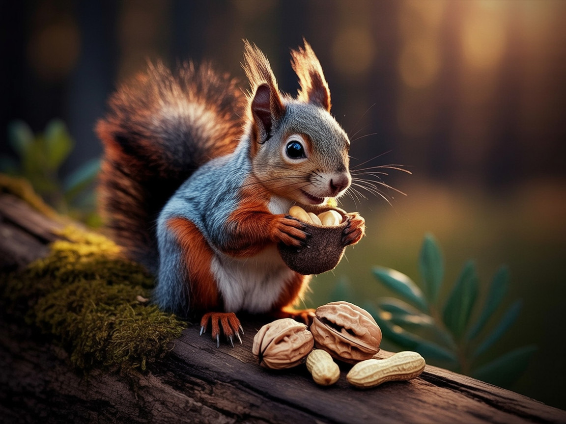 Squirrel on Mossy Log with Nuts in Natural Setting