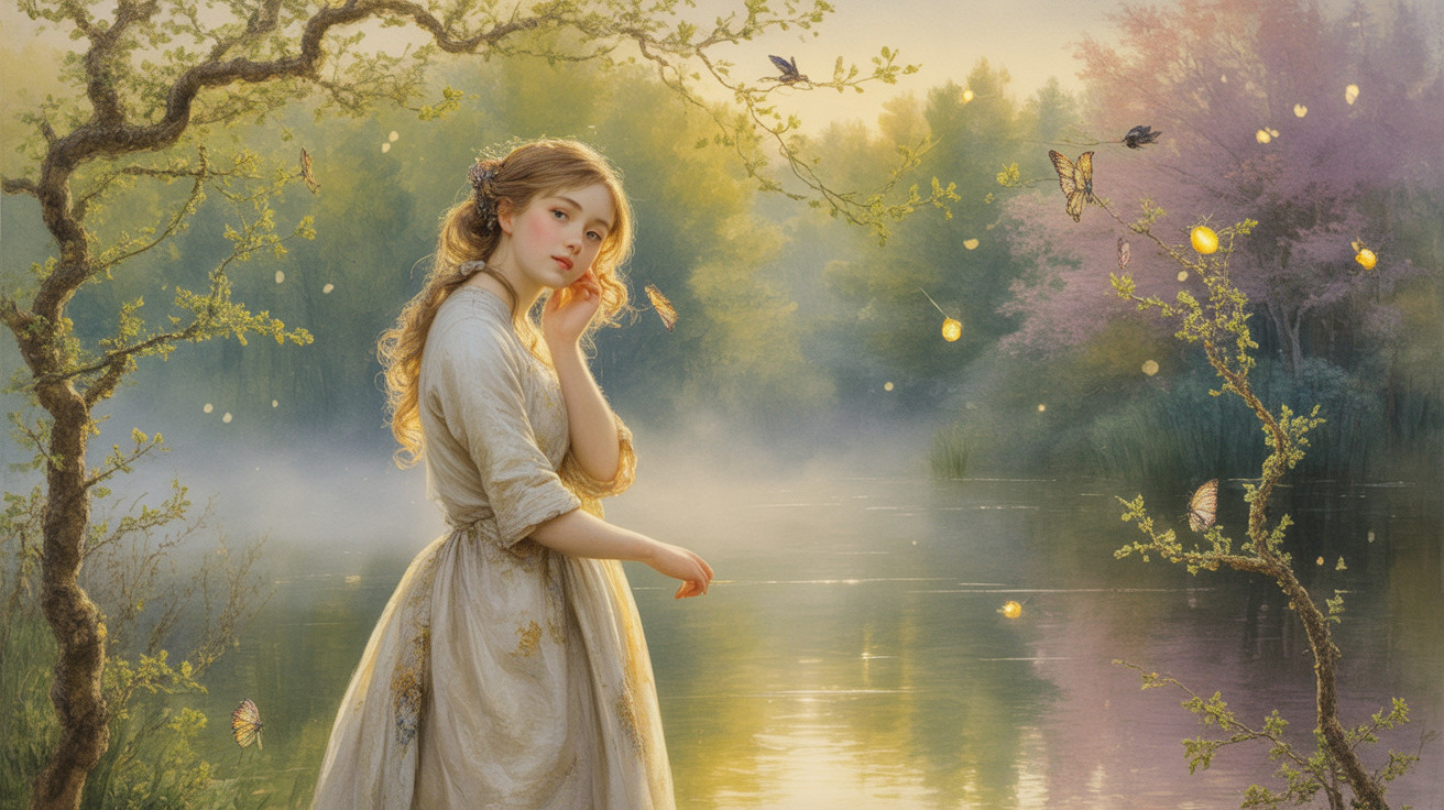 Serene Dawn Scene by a Tranquil River with Butterflies