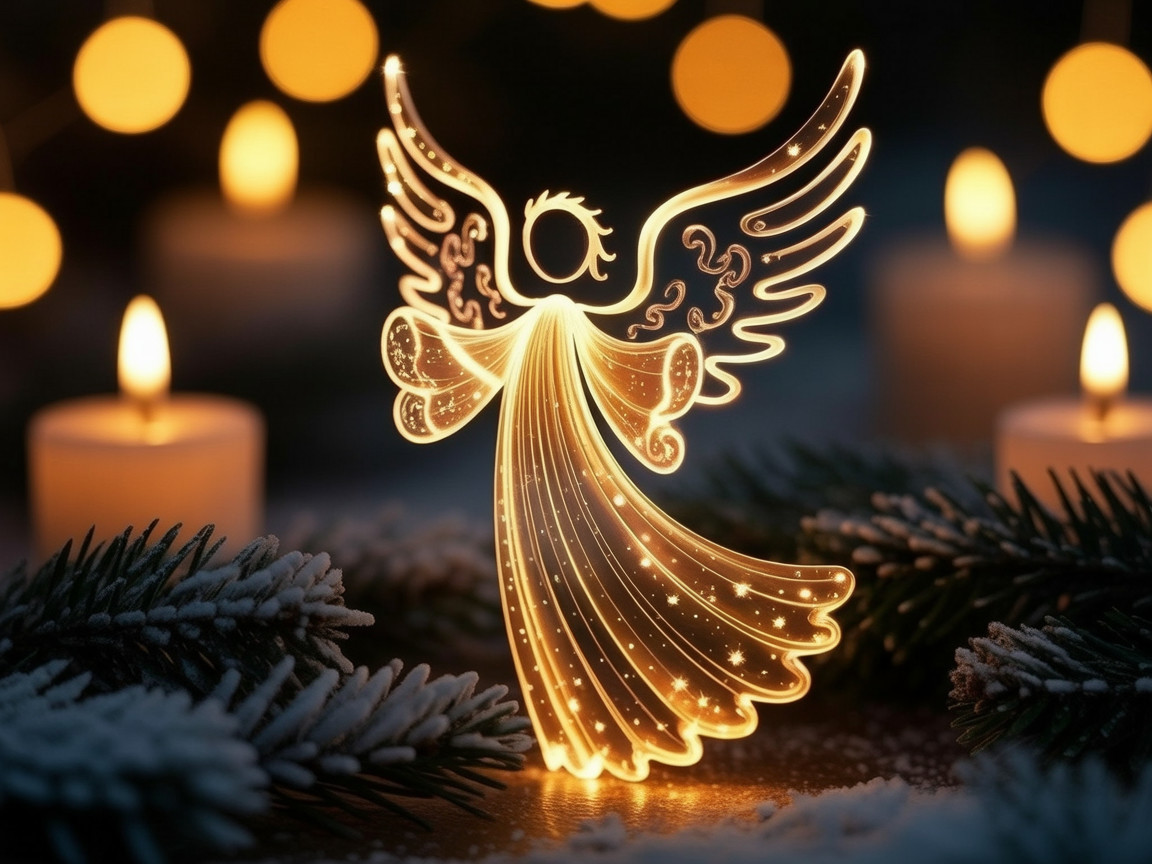 Glowing angel figure in candlelight with evergreen branches