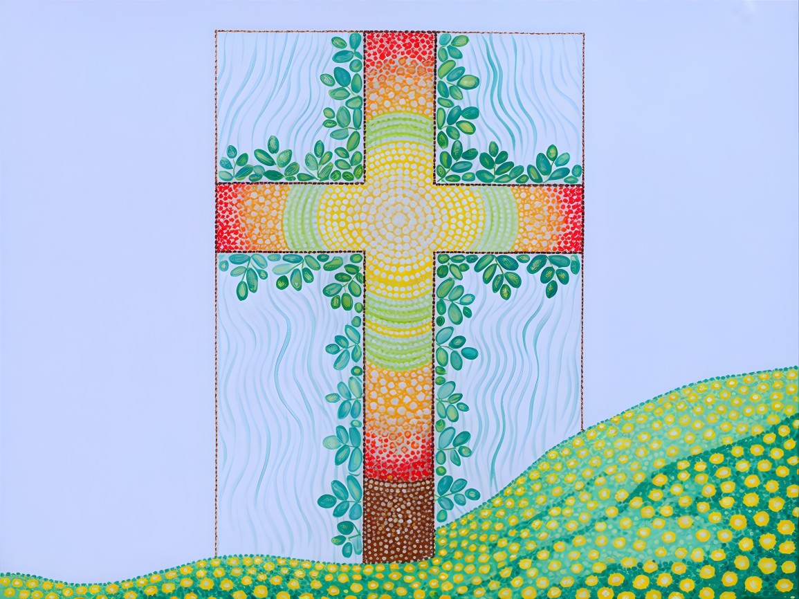 Stylized Cross with Vibrant Patterns and Surroundings