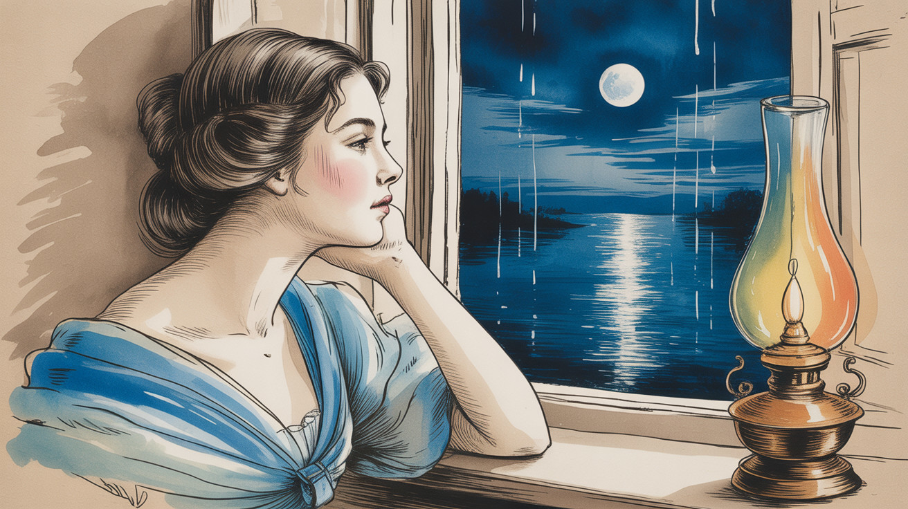 Thoughtful Woman Gazing Out Window in Moonlight