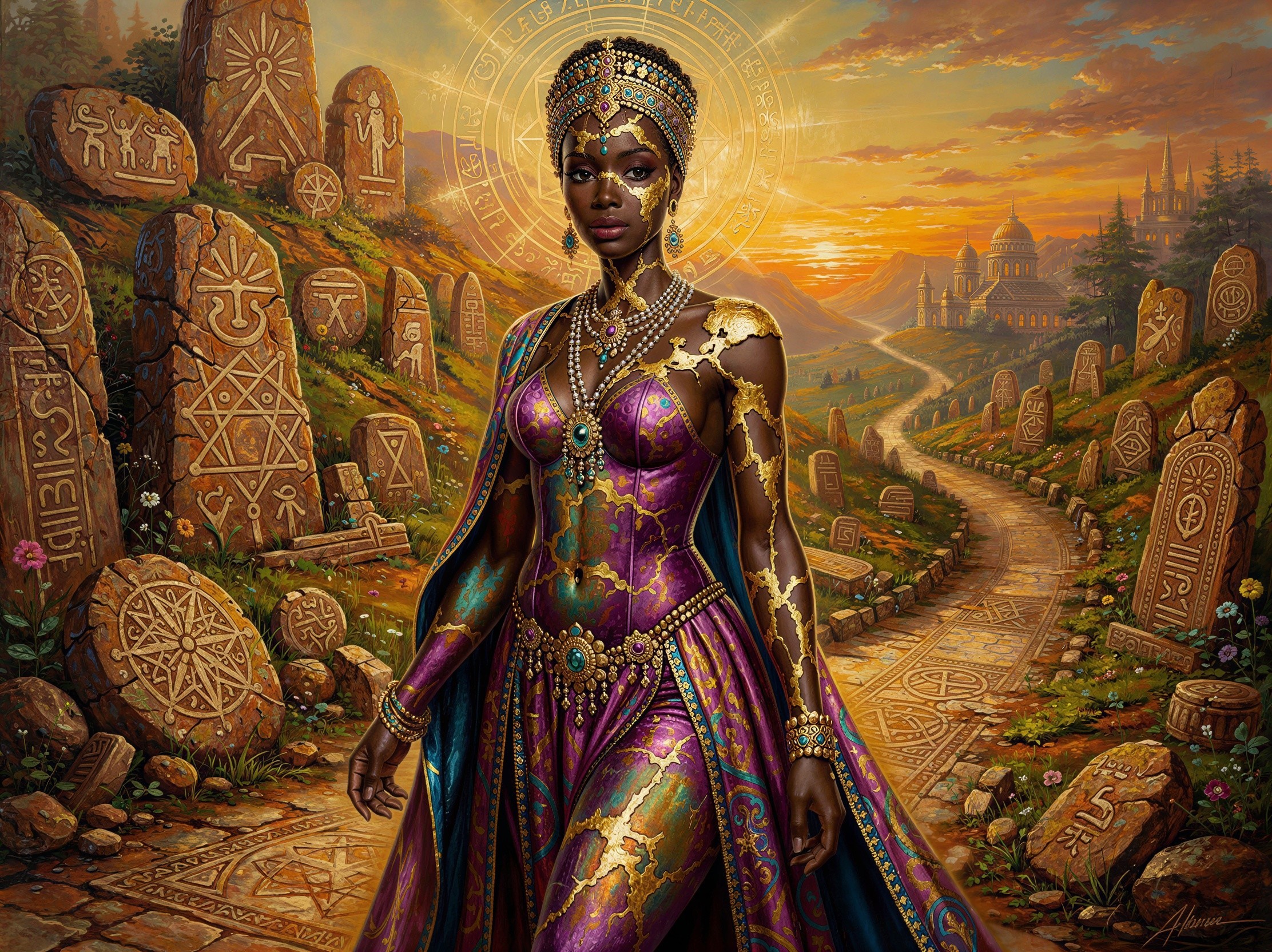 Oil Painting of a Dark-Skinned Queen in Royal Attire