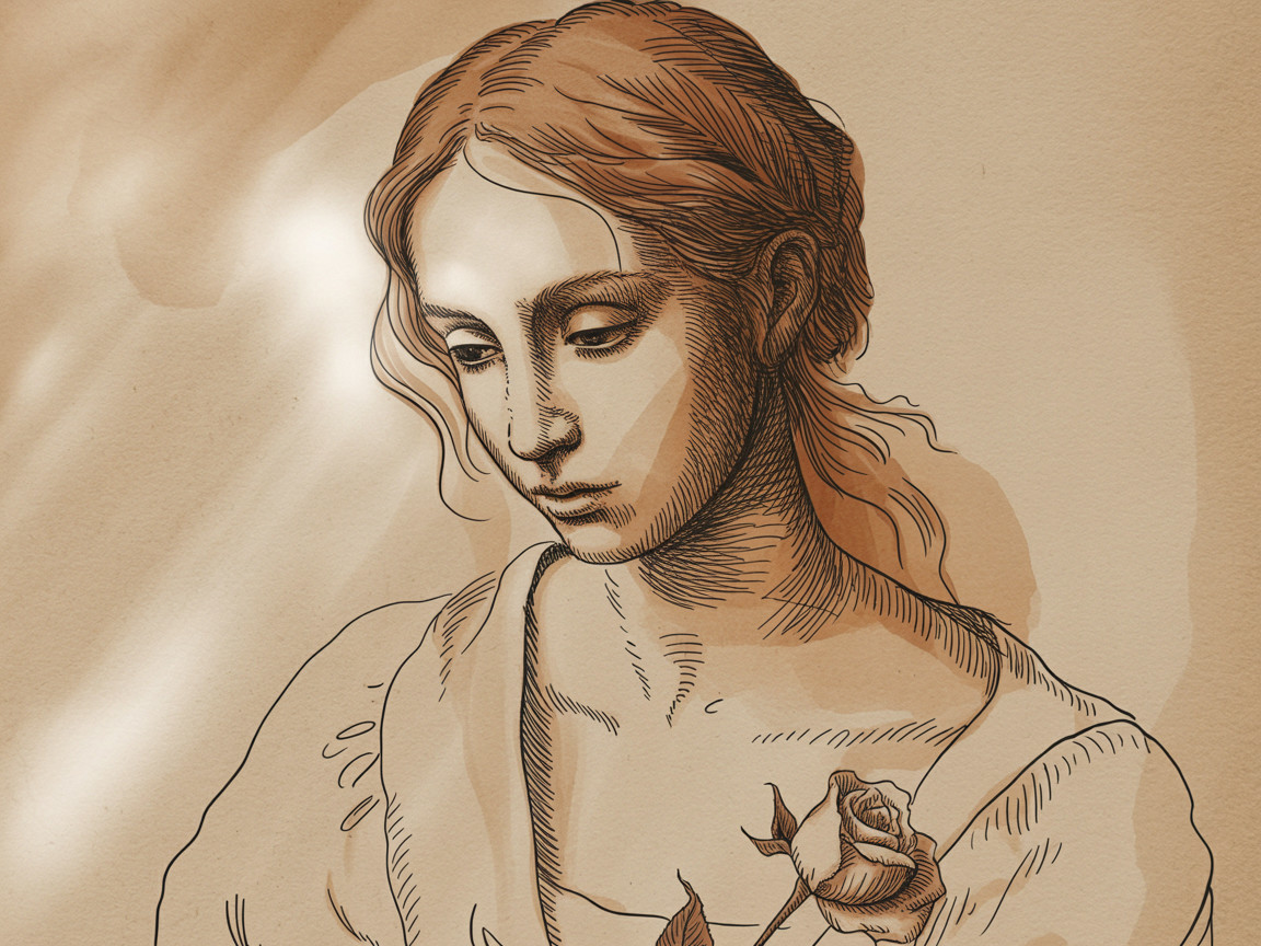 Somber Woman with Rose in Soft Earth Tones Illustration
