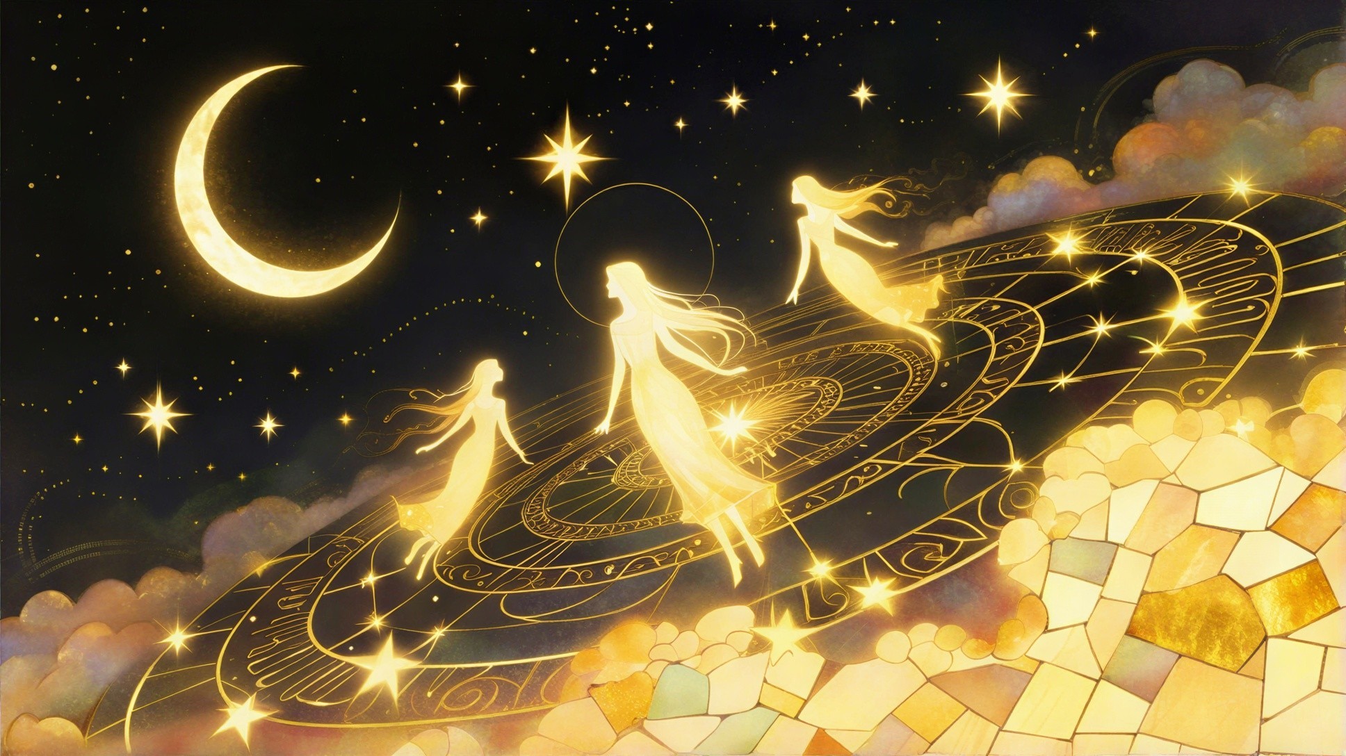 Ethereal Figures Dancing in a Cosmic Landscape