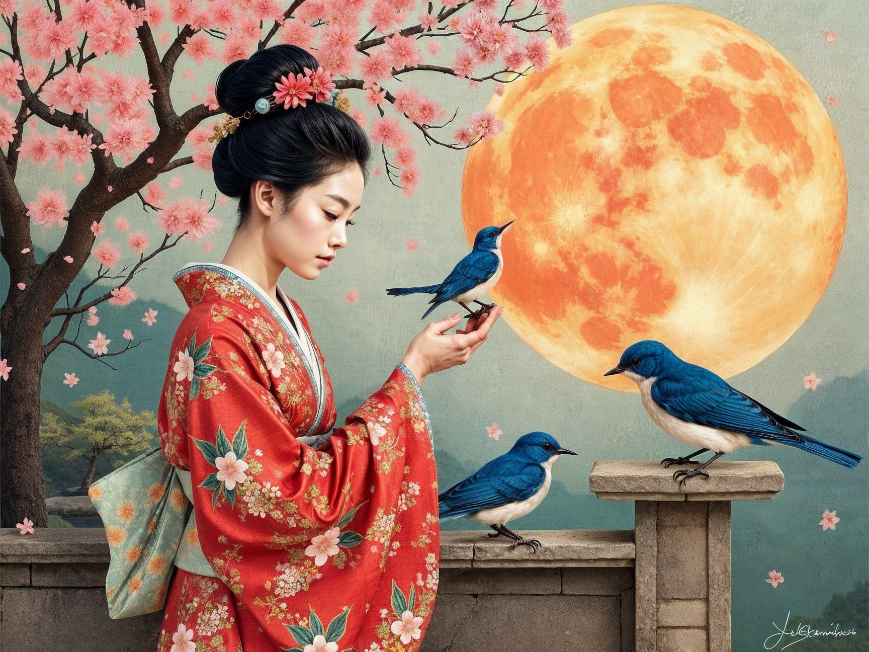 Young Woman in Kimono Under Cherry Blossoms and Moon