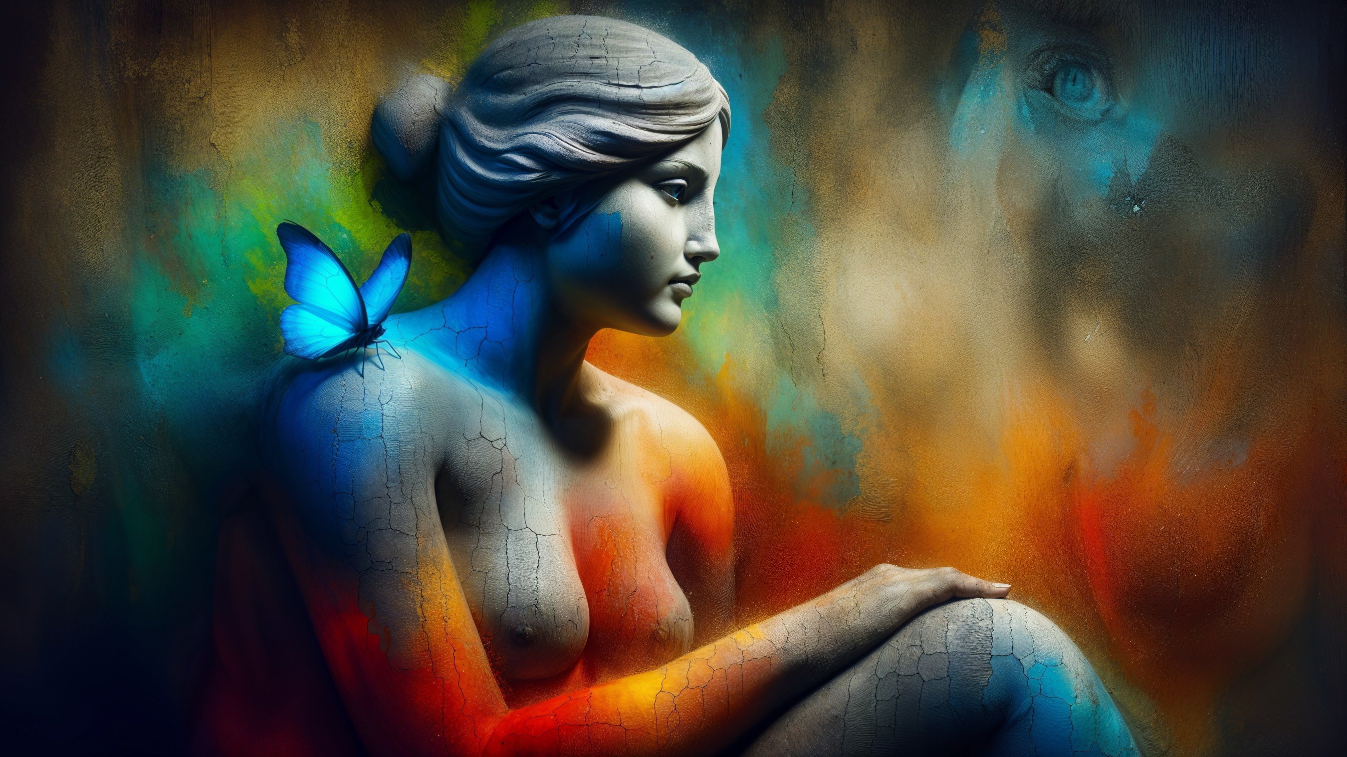 Abstract Artwork of Woman with Vibrant Colors and Butterfly