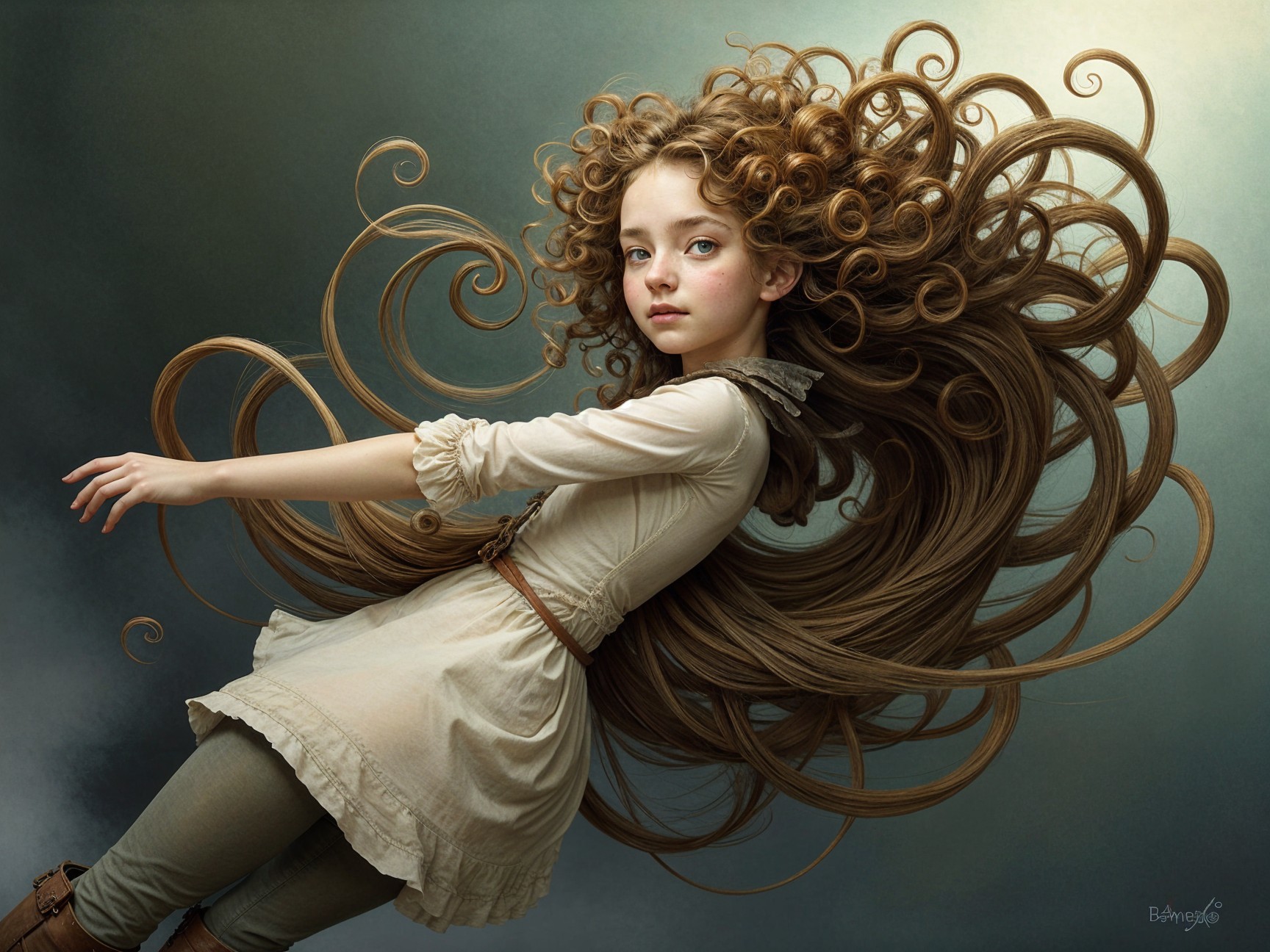 Young girl in mid-air with curly hair and beige dress